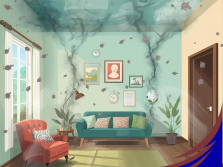 Illustration d’un salon où l’air intérieur est pollué, avec des particules en suspension et des flux d’air visibles, montrant les risques d’une mauvaise qualité de l’air dans une maison.