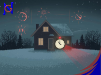 Illustration d’une maison en hiver avec une horloge, symbolisant les économies d’énergie possibles lorsqu’on coupe ou réduit le chauffage lors d’une absence.