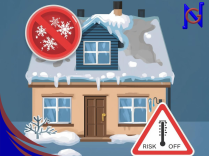 Illustration d’une maison gelée avec icône de danger, représentant les risques de couper complètement le chauffage : gel des canalisations, humidité, surconsommation au redémarrage.